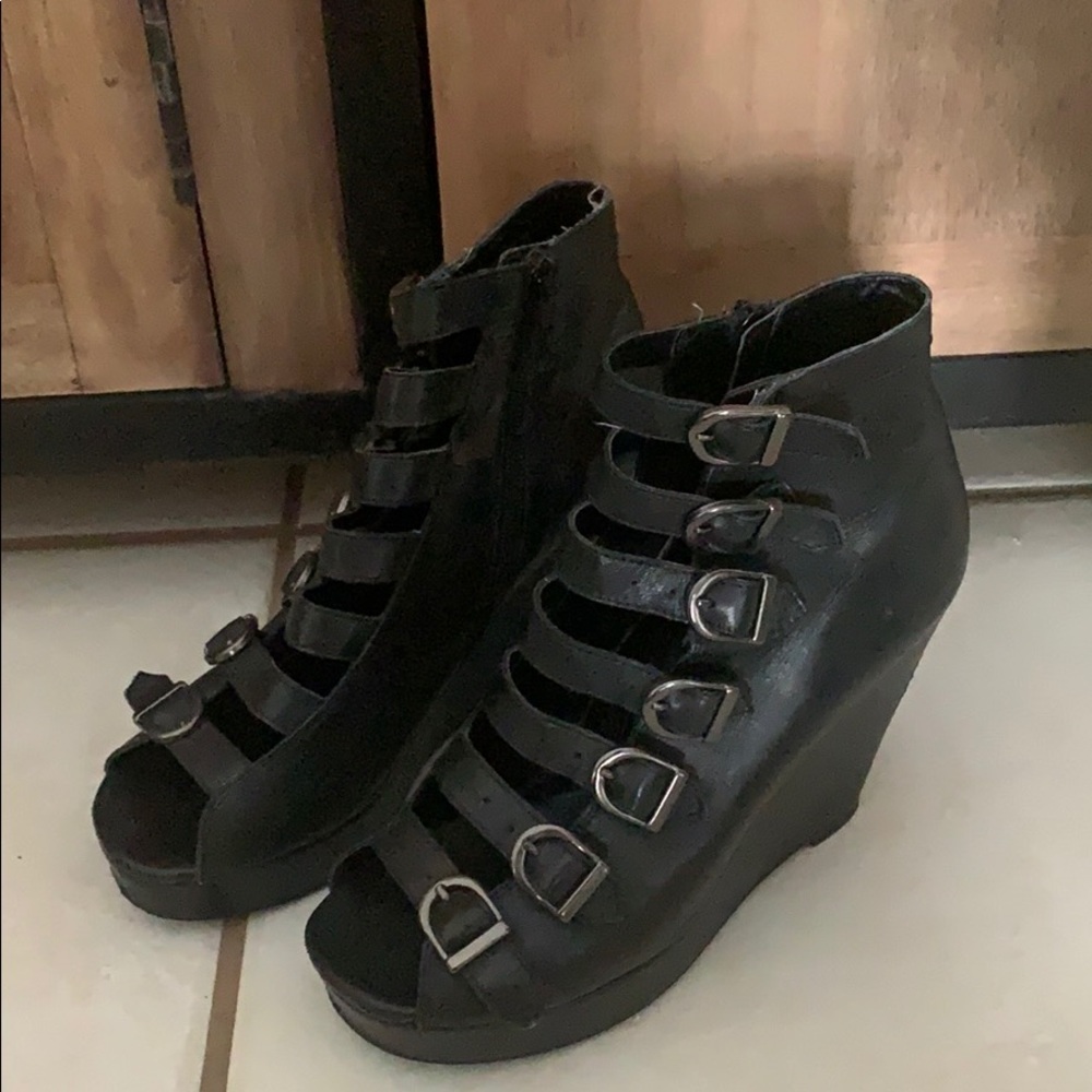 Also Black Leather Wedge Sz. 8 with Buckles